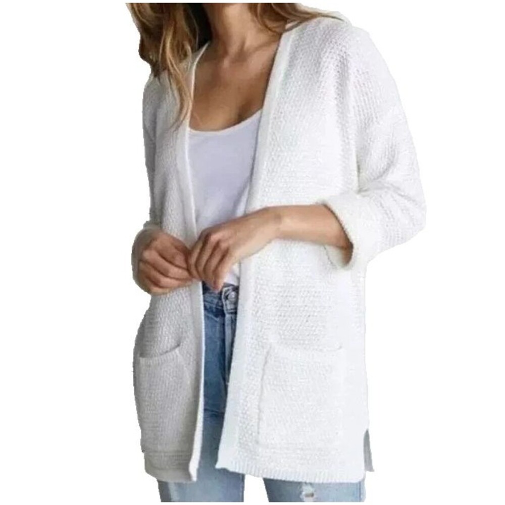 MARINE LAYER Catalina Cardigan 100% Cotton Knit Open Front Pockets Medium White